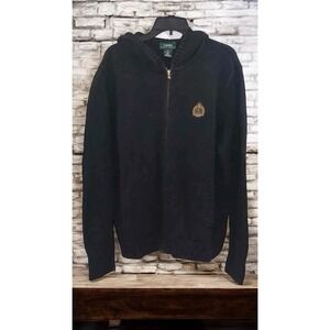 Vintage LAUREN RALPH LAUREN Crest Logo Black Cardigan Full Zip Pockets Hooded XL